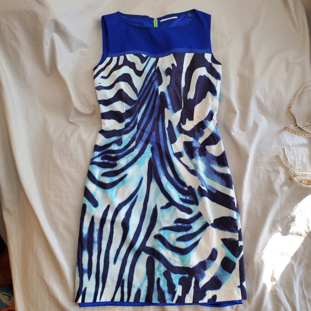 T Tahari Blue White Zebra Print Lined Sleeveless Dress Neon Zipper